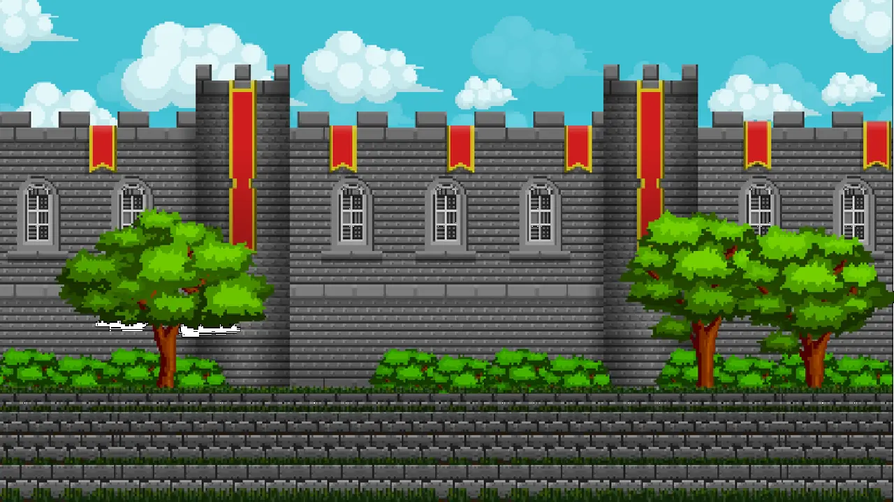 Avventura in Apuland: castello in pixel art con bandiere rosse e alberi