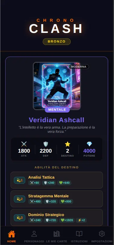 ChronoClash: schermata di gioco con una carta e le sue statistiche