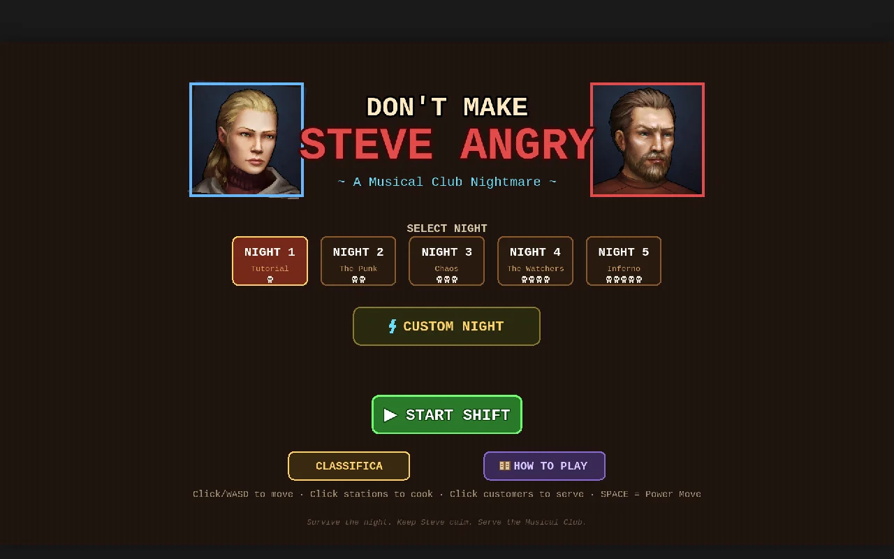 Don't Make Steve Angry: menu di selezione notte con titolo rosso e livelli da Tutorial a Inferno