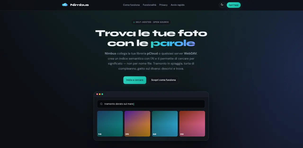 Nimbus: landing page con titolo Trova le tue foto con le parole e anteprima della ricerca semantica