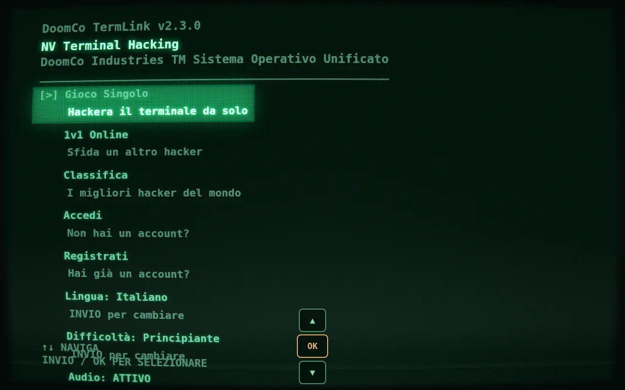 NV Terminal Hacking: menu CRT verde con gioco singolo, 1v1 online e classifica