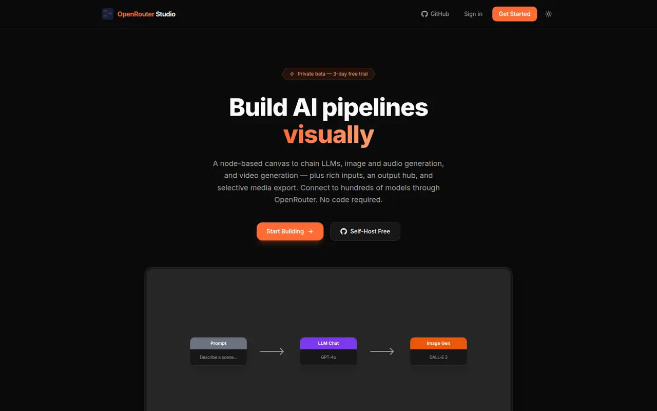 OpenRouter Studio: interfaccia scura con blocchi collegati per creare con l'AI